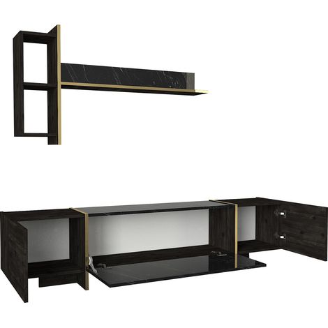 Cotecosy – Meuble TV 100% mélaminé noir et or – Dimensions 180x45x32.3 cm – Design moderne avec étagères de rangement – Fixation murale possible (1/7)