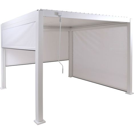 Pergola HHG-516 mit 3x Seitenwand, Rollo Terrassenüberdachung Garten Lamellenpavillon, 10cm-Alu-Gestell 3x3m weiß