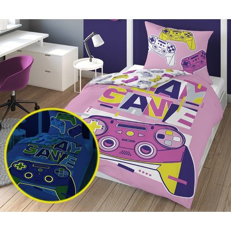 Ropa de cama que brilla en la oscuridad 140x200 3582 B Game Over Pads rosa juvenil 8576