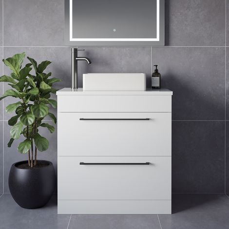 Napoli 390 Gloss White 800mm 2 Drawer Vanity Unit for Countertop Basins - 800mm - Gunmetal Grey 480mm Handle