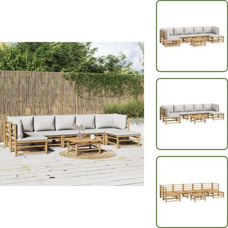 The Living Store Salon de jardin 8 pcs avec coussins gris clair bambou - Canapé de jardin (1/5)