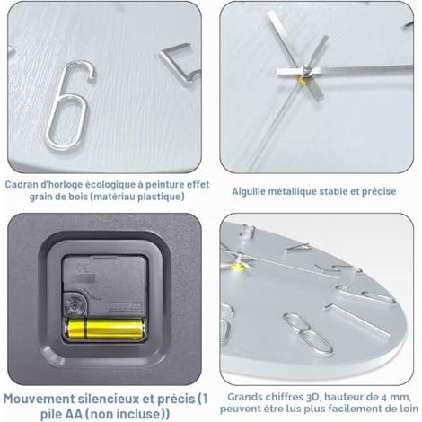 12 Pouces Horloges Murales 3D Silencieuse de Salon Cuisine Modernes Design Pendules Murales 30cm Horloge à Quartz Suspendue sans Cadre Fine Horloge Murale (Argent) (1/3)