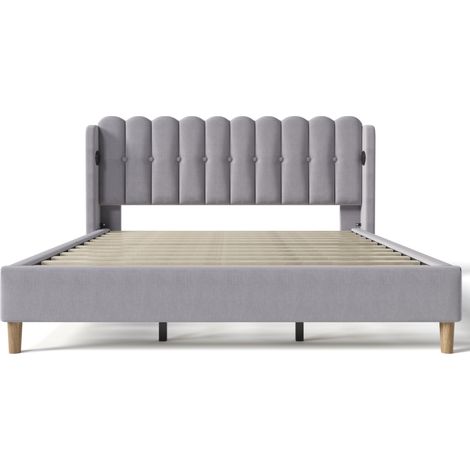 Cama doble tapizada gris 180 x 200 cm con USB y USB-C, somier de láminas, MODENUIT (1/5)
