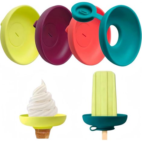 Lot de 4 porte-glaçons en silicone anti-gouttes - Réutilisable - Porte-cornets de glace - Porte-glaçons 2 en 1 - Idéal pour l'été, les fêtes en famille et au bord de la piscine - 4 couleurs - 7,8 x 7, (1/5)