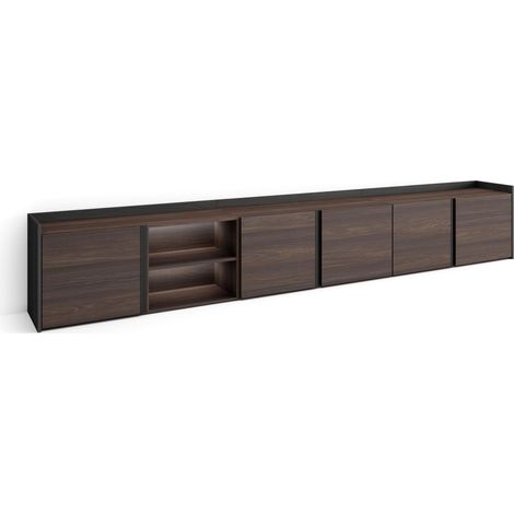 Skraut Home - Meuble TV, Banc Télé, Grand espace de Rangement, 309x35x50cm, Pour les TV jusqu'à 80", LED, Style moderne, Chêne foncé et Noir (1/5)