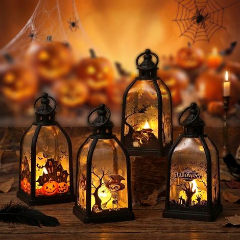 4er Set Halloween Deko Kürbis Schloss Hexe und Skelett LED Kerzen für Bar und Party (1/5)