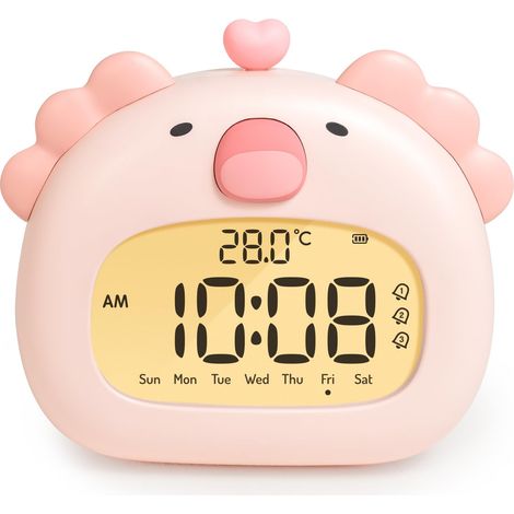 Cute  Réveil pour Enfant Réveil de Chevet avec Veilleuse, Écran LED Numérique, 3,15 Pouces, Trois Alarmes, Mode Week-End, Date, Heure, Température, Rechargeable, Décoration pour Chambre