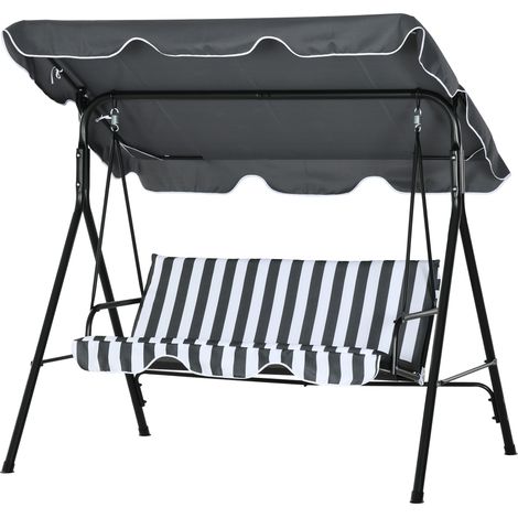 3-Sitzer-Gartenschaukel mit verstellbarem, gepolstertem Dach, schwarzer Stahl, 1,72 x 1,1 x 1,53 m