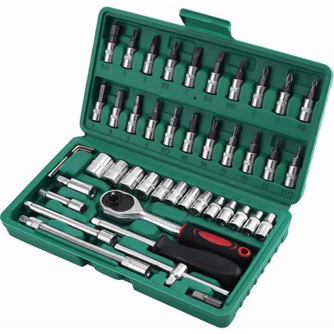 46 pièces Lot douilles et cliquet Chrome Vanadium 1/4" clé Adaptateur Jeu Coffret Douille - One Size (1/5)