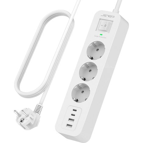 Multiprise USB C 3 Prises avec 4 Ports USB Chargeur de Voyage (5V3,4A), Parafoudre et Surtension Multiprise 3680W 16A avec Cable 2m pour Smartphone, Maison, Bureau-Blanc (1/5)