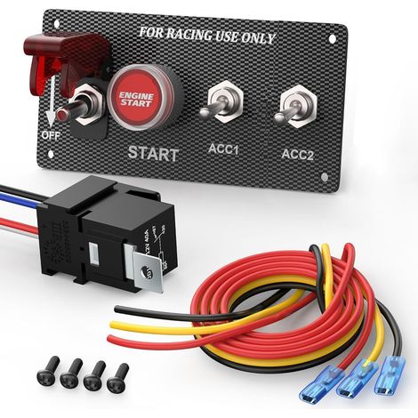 12V 30A 4 en 1 Panneau de Commutateur D'allumage Bouton Poussoir de Démarrage du Moteur de Course Panneau de Commutateurs à Bascule LED avec Relais de Fil pour Camping-Car,Voiture de Course (1/5)