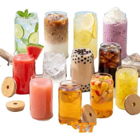 Glasbecher, Bambusdeckel, wiederverwendbare Strohhalme, 12Stück, 401-500ml (1/2)