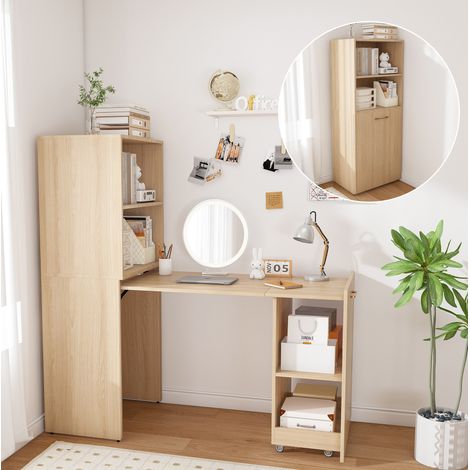 Bureau escamotable 126x40x136 cm en MDF bois naturel, gain de place pour chambre FloraGrace (1/5)