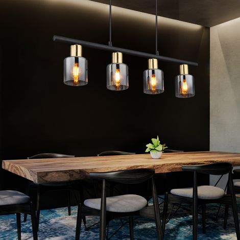Suspension LED lustre 4 flammes – Verre fumé et métal noir – Dimensions 65x8x120 cm – Douilles E14 – Éclairage blanc chaud 700lm (1/5)