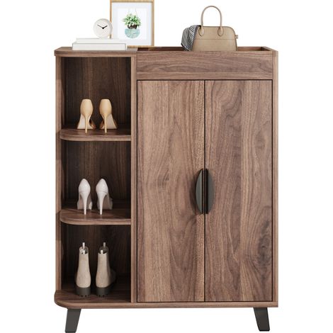 CHICFURN Meuble à chaussures étroit avec portes abattantes, rangements ouverts et niche supérieure, bois foncé, pour entrée, couloir et petits espaces (1/5)