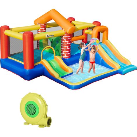 Château gonflable multicolore 380 x 370 x 230 cm, 2 toboggans, 2 trampolines et piscine, gonfleur inclus pour 3 ans+. (1/5)