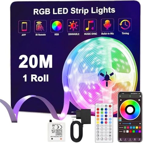 Ruban Led 20m,24V RVB Bande LED avec Télécommande et Bluetooth APP,Synchronisation de la Musique, Mode Minuterie,Flexible Multicolore Bande LED pour Salon,Chambre,Fête,Festival,Mariage (1/5)