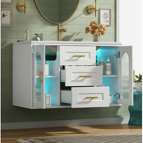 Mobile lavabo sospeso 76x46x55 cm, con 2 cassetti, lavabo in ceramica, anta in vetro rigato, MDF e vetro bianco (1/5)
