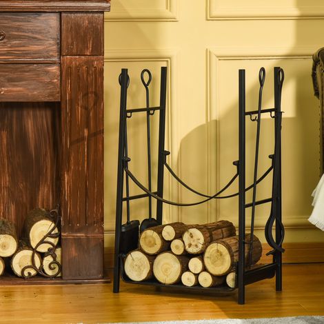 Erhöhtes Brennholzregal für drinnen und draußen mit 2 Ablagen, Metall-Brennholzhalter mit abnehmbaren Halterungen, Schaufel, Besen, Schürhaken und Zange, Tragkraft 70 kg, 44,5 x 29,5 x 73 cm, Schwarz