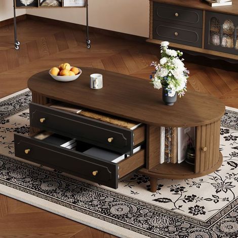 Table basse - SOGEU - 100 x 50 x 36 cm - Effet noyer - 2 tiroirs & 2 portes roulantes - Pieds métal noir (1/5)