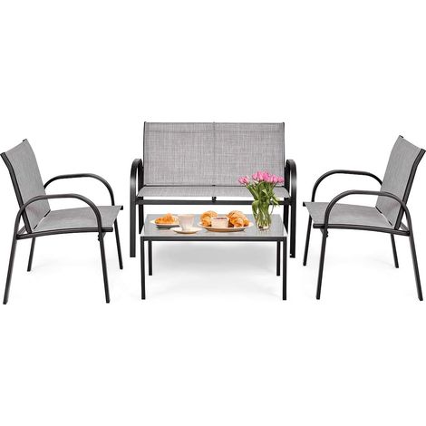 COSTWAY Juego de 4 Piezas de Muebles de Patio con 2 Sillones,1 Banco de 2 Plazas y 1 Mesa de Centro de Hierro y Tela de Malla para Terraza Jardín Exterior (Gris) (1/5)