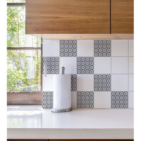 Sticker mural adhésif décoratif gris arabesques 10x10cm – Pack de 9 unités – Décoration murale rapide et repositionnable – Fabrication française – Plage (1/2)