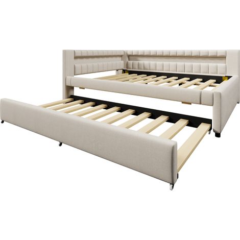 Divano letto 140 x 200 cm con letto estraibile, LED, USB Type-C, lino beige, HOMVRA (1/5)