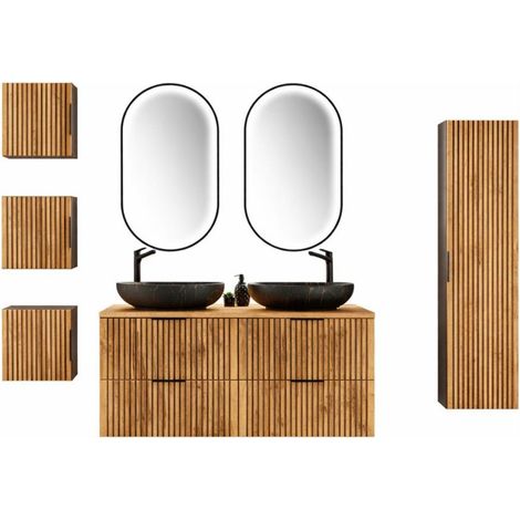 Ensemble KINOKO : meubles sous vasque + 2 vasques noires rondes à poser + 2 miroirs LED + meubles de rangement