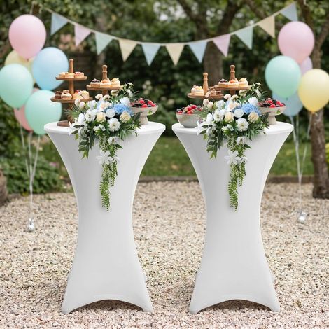 Wolketon Housse table de bar ronde Ø60×110 cm blanc – Nappe mange-debout extensible pour mariage, banquet et réception 2x
