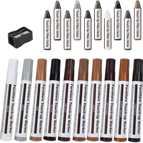 21 Marker, Stifte und Wachsstifte zur Reparatur von Möbeln und Holz. Geeignet für Flecken, Kratzer, Parkettböden, Tische, Holzarbeiten und Bettgestelle.