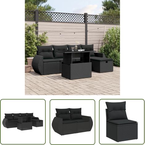 The Living Store Salon de jardin 6 pcs avec coussins noir résine tressée - Ensemble Salon De Jardin - Mobilier De Jardin - Table Extensible - Chaise Lounge - Set De Jardin (1/5)