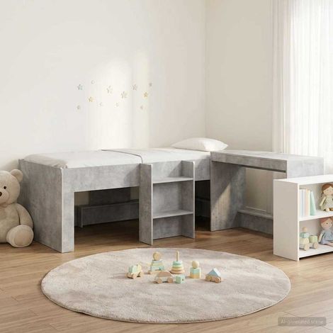 Lit haut enfant avec bureau intégré en bois d’ingénierie gris béton, 203 x 119,5 x 68,5 cm - PANGIVO (1/5)