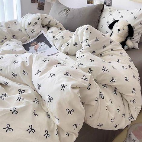 Linge de lit 220x240 cm avec motif de nœuds, 3 pièces, Blanc/Noir