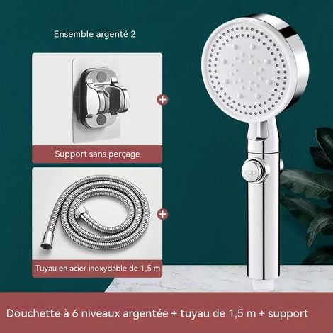 Ensemble de douche à effet pluie, ensemble de douchette haute pression 6 jets (flexible de 1,5 m + support), argent, pour salle de bain
