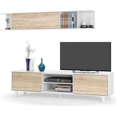 Parete Attrezzata Da Soggiorno Salotto Mobile TV Ante Soft Close Pensile Con Mensola Dsign Moderno Elegante Resistente 180 x 41 x 43 Cm Bianco Lucido E Rovere