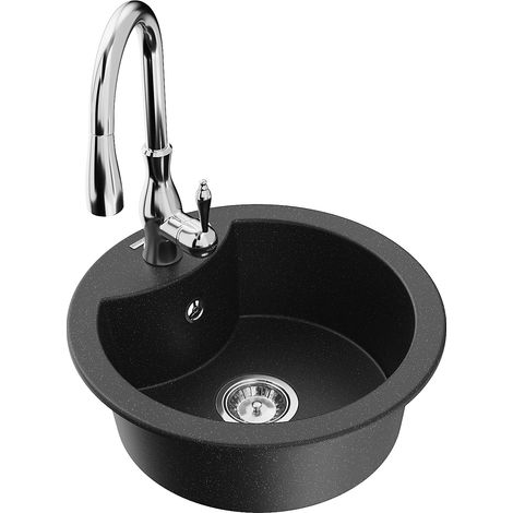 Mexen Diego lavello in granito 1-vasca con rubinetteria da cucina Savita, nero/metallo argento - 6512-73-672601-00 (1/5)