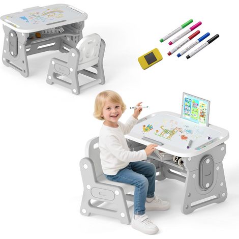 GOPLUS Table Enfant avec Chaise en HDPE, 4 en 1 Table de Dessin Hauteur Réglable, avec Tableau Blanc Inclinable, 5 Stylos et 1 Gomme, Bureau Enfant pour Maison Maternelle Garderie (Gris)