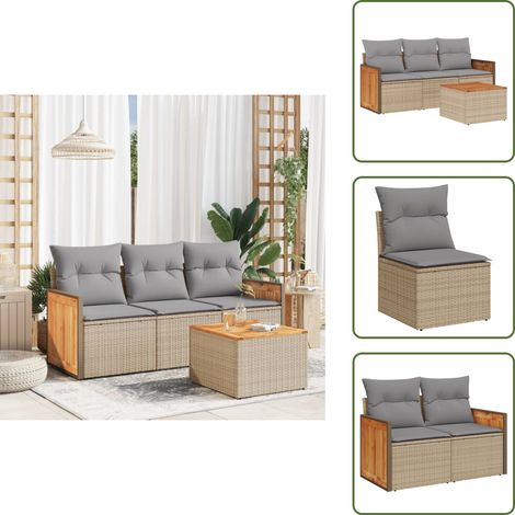 The Living Store 4-tlg. Garten-Sofagarnitur mit Kissen Beige Poly Rattan - Gartensorte - Gartenmöbelset - Rattan Möbel - Outdoor Lounge Set - Balkonmöbel