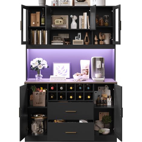 Buffet haut de cuisine Noir,meuble de rangement moderne,avec 6 portes,2 tiroirs,prise avec USB,120x36.3x180cm (1/5)