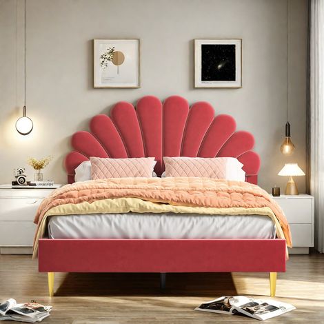 Cama de matrimonio 140x200 cm, cama niña, cabecero floral, cama tapizada, funda de terciopelo, color vino tinto (1/5)