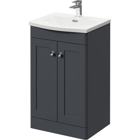 Wholesale Domestic Danbury Satin Anthracite 500mm Floor Standing Vanity Unit with 1 Tap Hole Curved Basin and 2 Doors with Polished Chrome Handles (1/5)