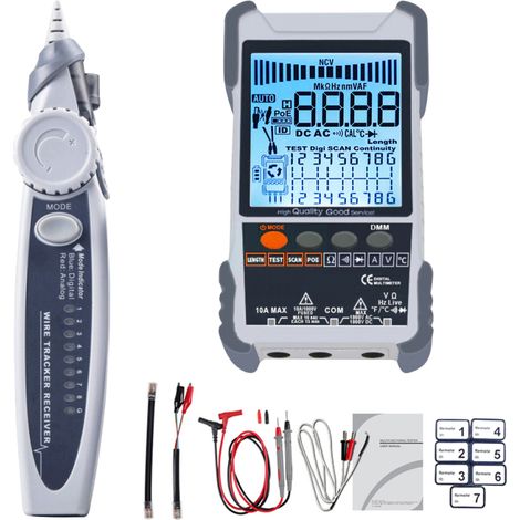 Testeur de câbles réseau portable 2 en 1 – multimètre LCD, test PoE, mesure longueur, détection court-circuit, recherche (1/5)