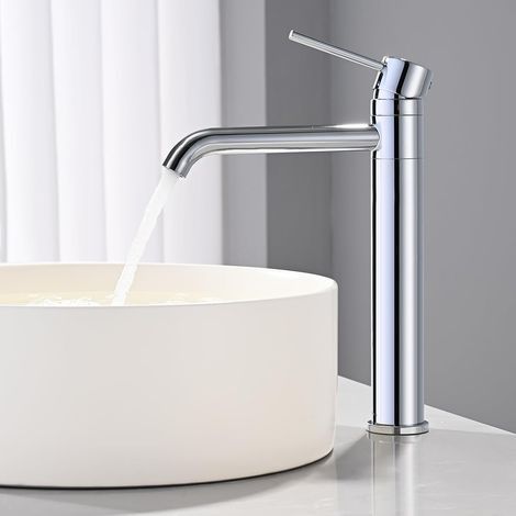 Mitigeur de Lavabo Haut Pivotant à 360°, Robinet pour Vasque à Poser, Robinet de Lavabo Salle de Bains, Chaud et Froid, Hauteur de Bec 204mm, Aérateur Amovible, Acier Inoxydable Chromé (1/5)
