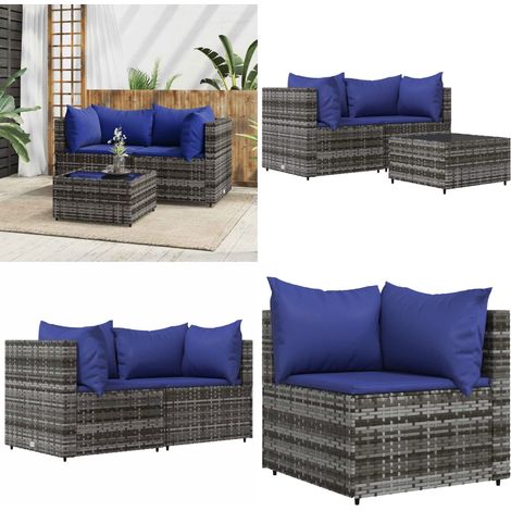 3-tlg. Garten-Lounge-Set mit Kissen Grau Poly Rattan - Gartensortiment - Gartenmöbel - Loungemöbel - Outdoor Möbel - Esszimmergarnitur - Home & Living (1/5)
