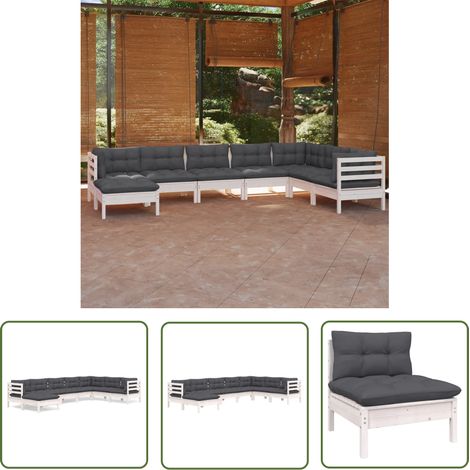 The Living Store Salon de jardin 8 pcs avec coussins blanc bois de pin massif - Salon De Jardin - Mobilier De Jardin - Ensemble Salon De Patio - Meubles De Jardin - Terrasse (1/5)