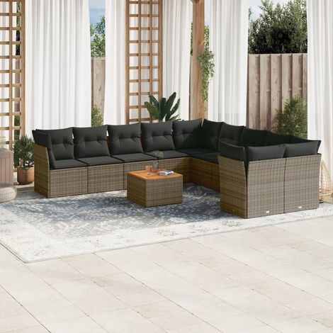 Canapé d'extérieur modulaire 11 pièces en résine tressée grise avec coussins et table en acacia - Ensemble de jardin pour patio (1/5)
