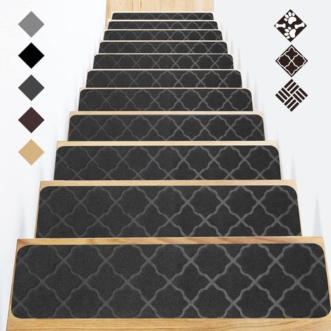 Tapis d'escalier antidérapant en feutre autocollant pour personnes âgées, enfants et chiens domestiques, Cube Noir 76 x 20 cm(15 pièces) (1/5)