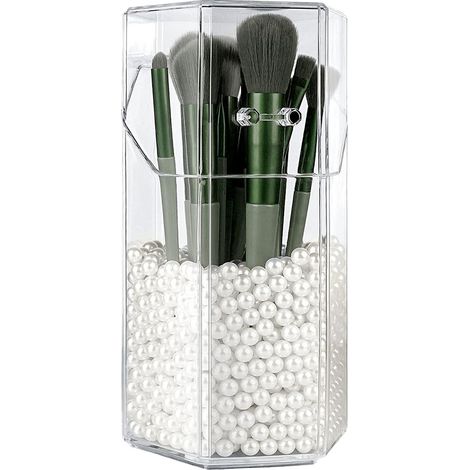 Boîte de rangement hexagonale en acrylique, boîte de rangement anti-poussière, boîte de rangement, porte-stylo, rangement pour pinceaux de maquillage, eye-liner, rouge à lèvres, etc. (avec perles) (1/5)