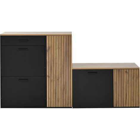 Ensemble d'entrée 5 pièces avec deux meubles, miroir, porte-manteaux à 4 crochets, étagère et siège de rangement, bois et noir (1/5)
