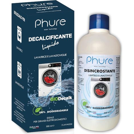 PHURE BIO DECALK Cura Lavatrice, Disincrostante, Decalcificante, Sgrassante e detergente universale per lavastoviglie e lavatrice naturale e biocompatibile 500ml (1/5)